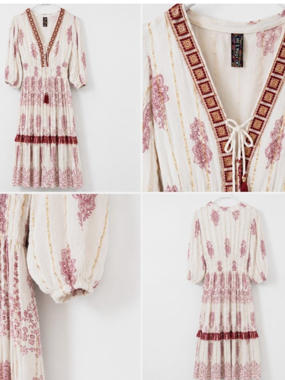 Mac & Moon Women's Medium Boho Peasant Midi Dress Ivory Burgundy Tassel M